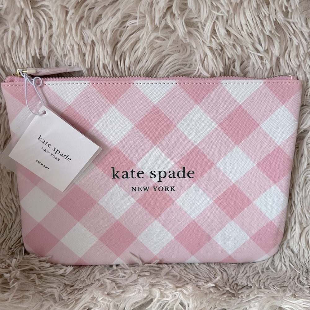 KATE SPADE Pink Gingham Large Cosmetic Bag!